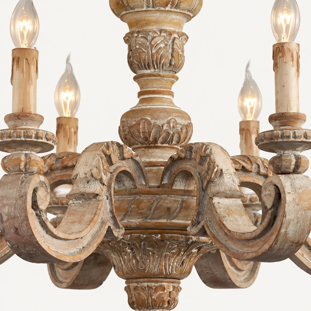 Old Wood carved center and scroll arm detail