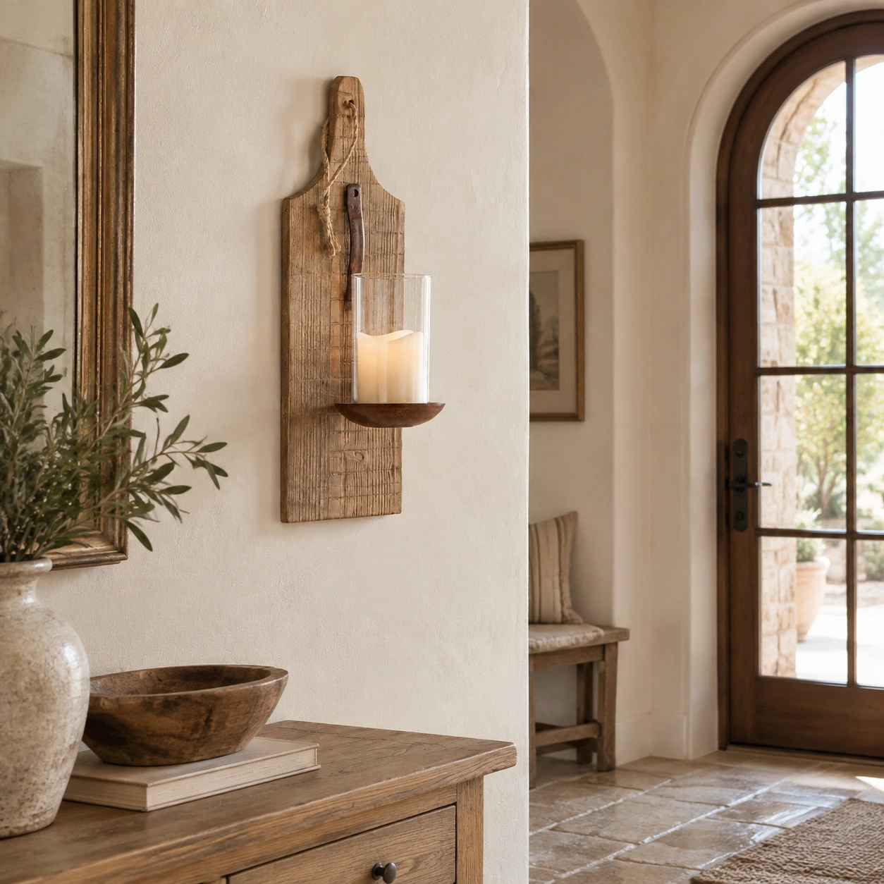 Amelia Vintage Carved Wood Wall Sconce in a residential interior