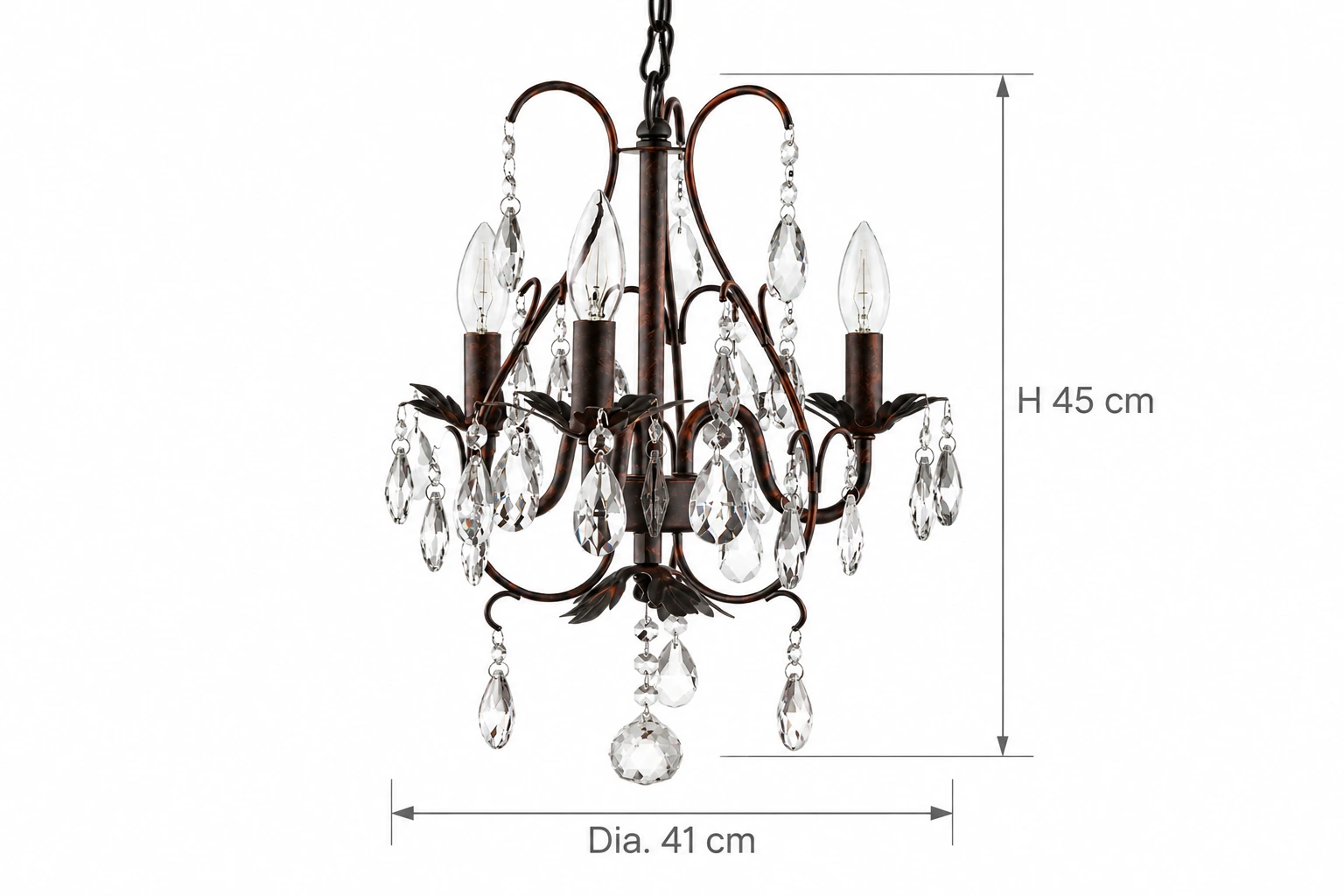 Rowan three-light crystal chandelier dimension diagram, diameter 41 cm and height 45 cm