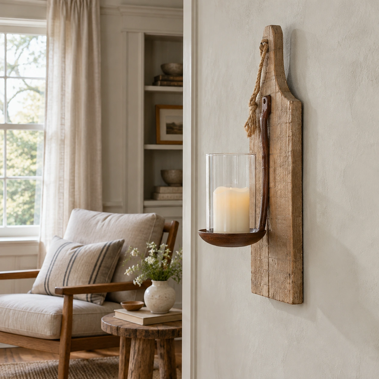Amelia Vintage Carved Wood Wall Sconce in a residential interior