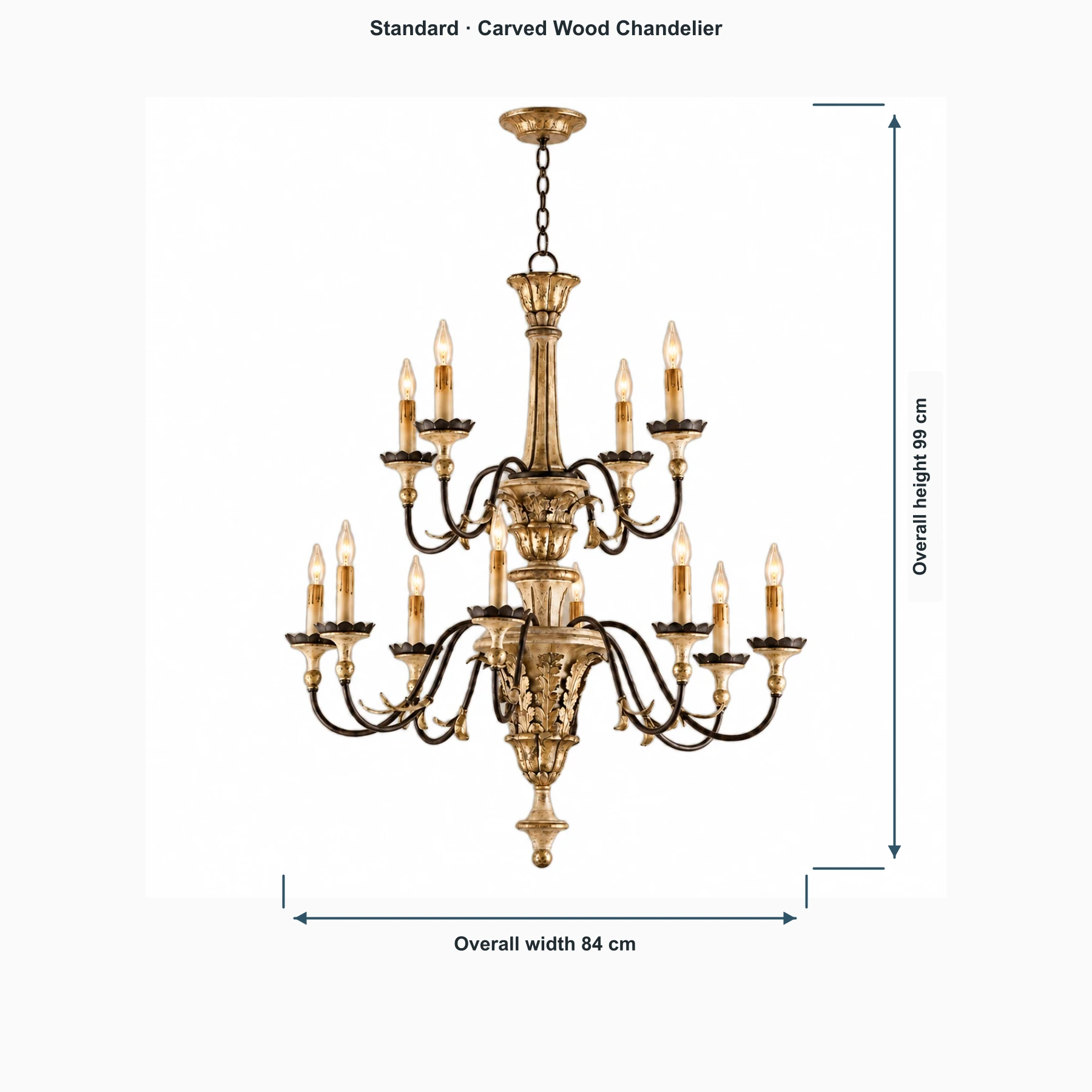 Aurelia Vintage Double-Tier Gold-Leaf Carved Wood Chandelier dimensions: overall width 84 cm and overall height 99 cm