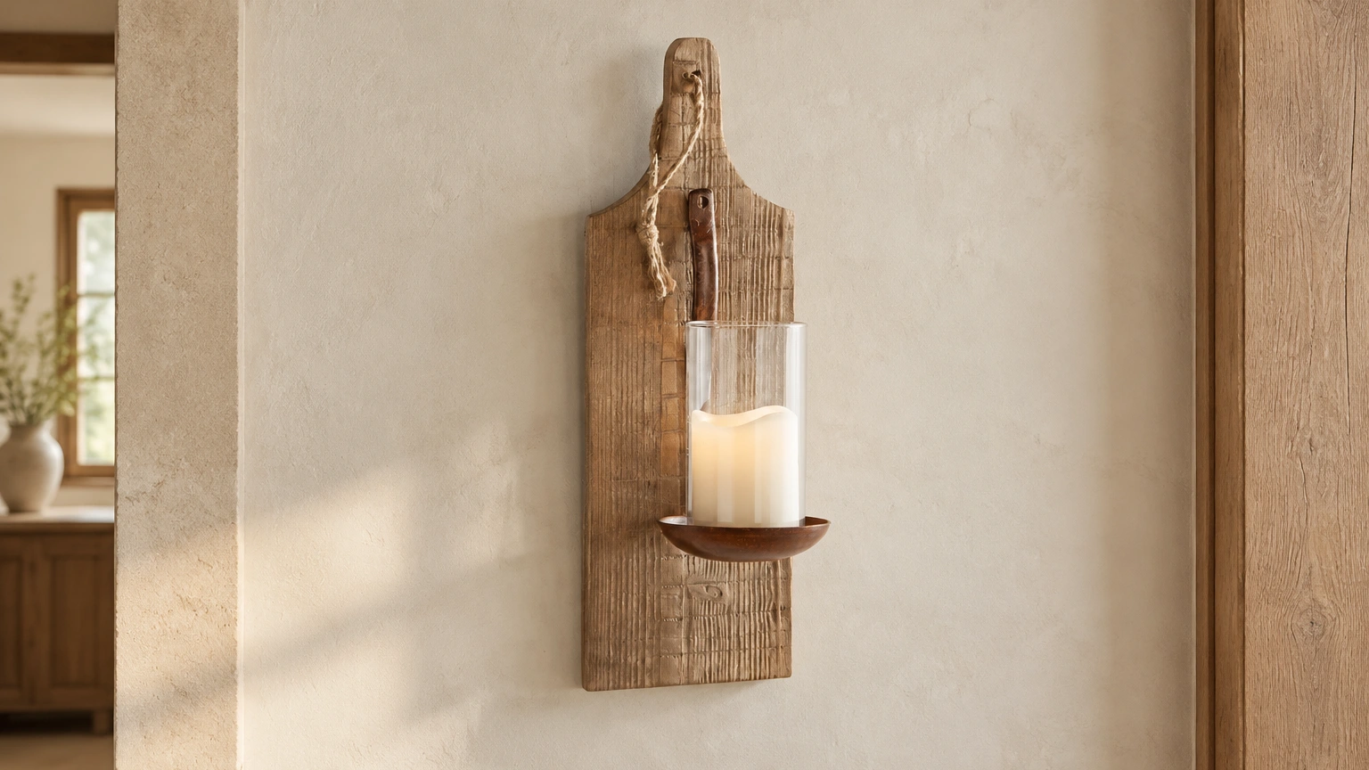 Amelia Vintage Carved Wood Wall Sconce in a residential interior