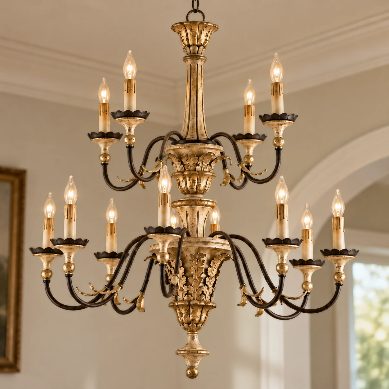 Close detail of the Aurelia Vintage Double-Tier Gold-Leaf Carved Wood Chandelier two-tier curved arms