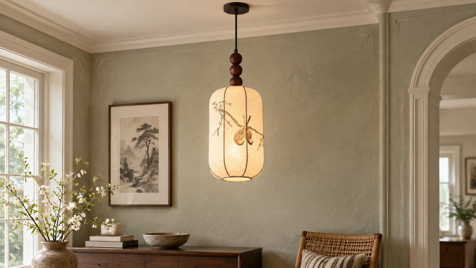 Avery iron and fabric pendant light in a bright vintage transitional foyer