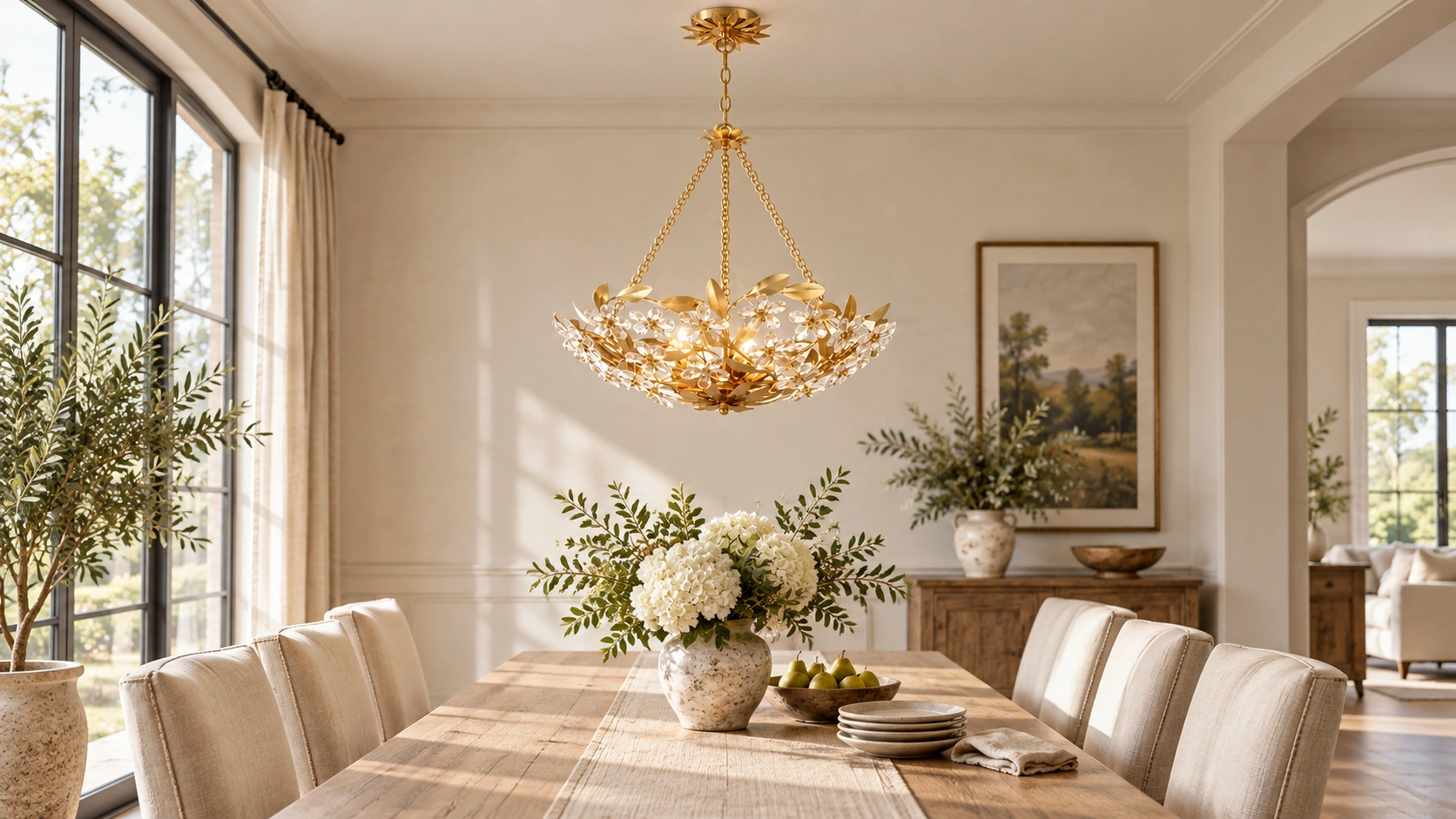 Crystal flower pendant light centered above a dining table