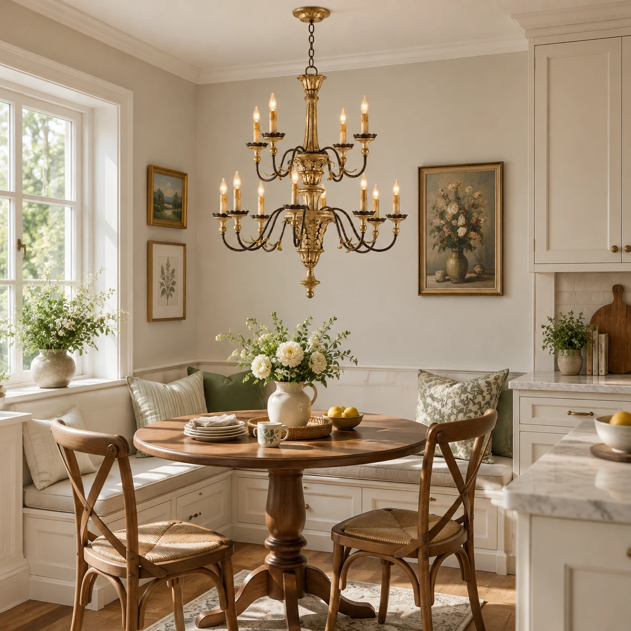 Aurelia Vintage Double-Tier Gold-Leaf Carved Wood Chandelier in Everyday breakfast nook