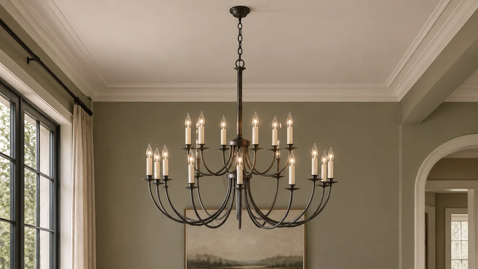 Regenerated 16:9 banner of the 18-light iron chandelier in a residential dining room