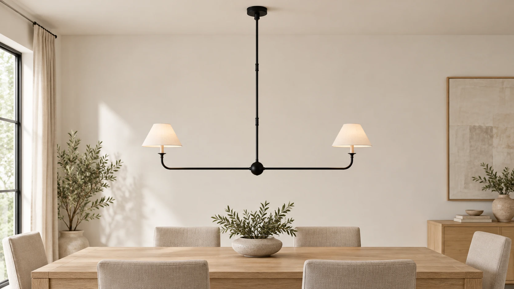 Black two-shade linear iron chandelier centered above a dining table