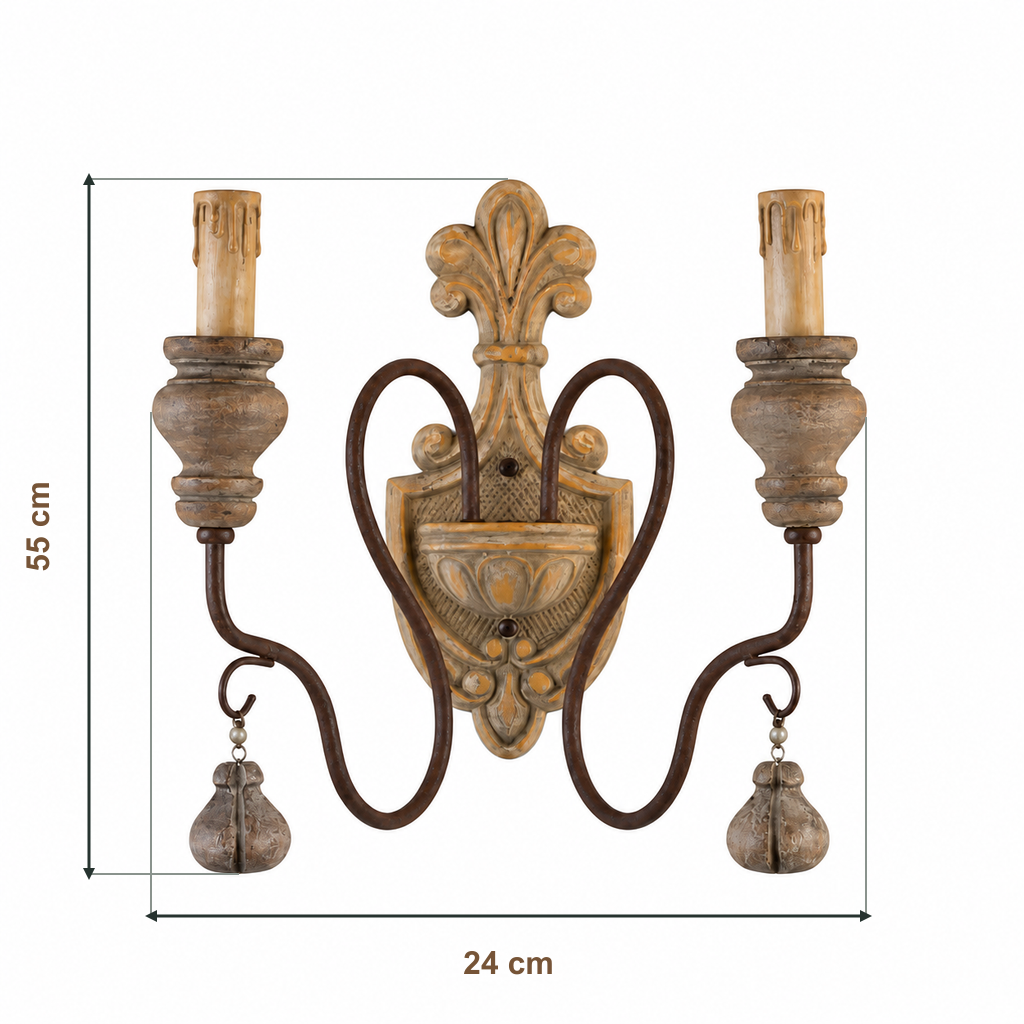 Standard double-arm wall sconce dimension diagram, 24 cm wide and 55 cm high