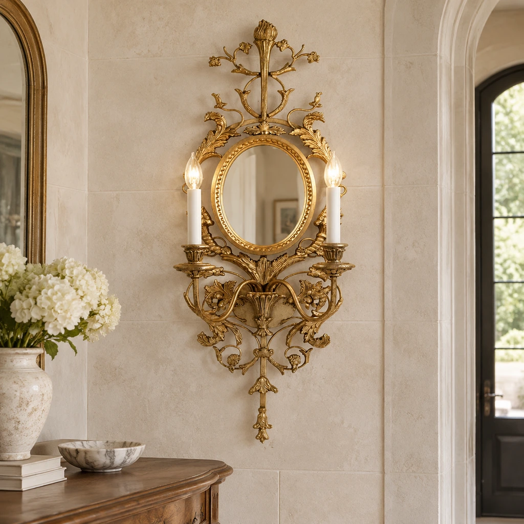 Ornate carved wood mirror wall sconce on a pale entryway wall beside a console