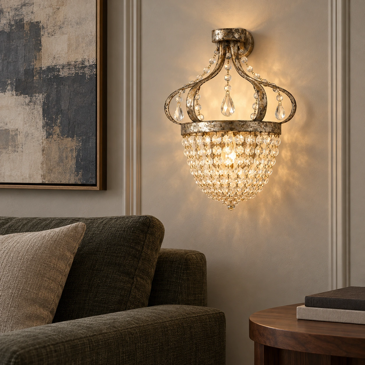 French retro crystal wall lamp in a living room