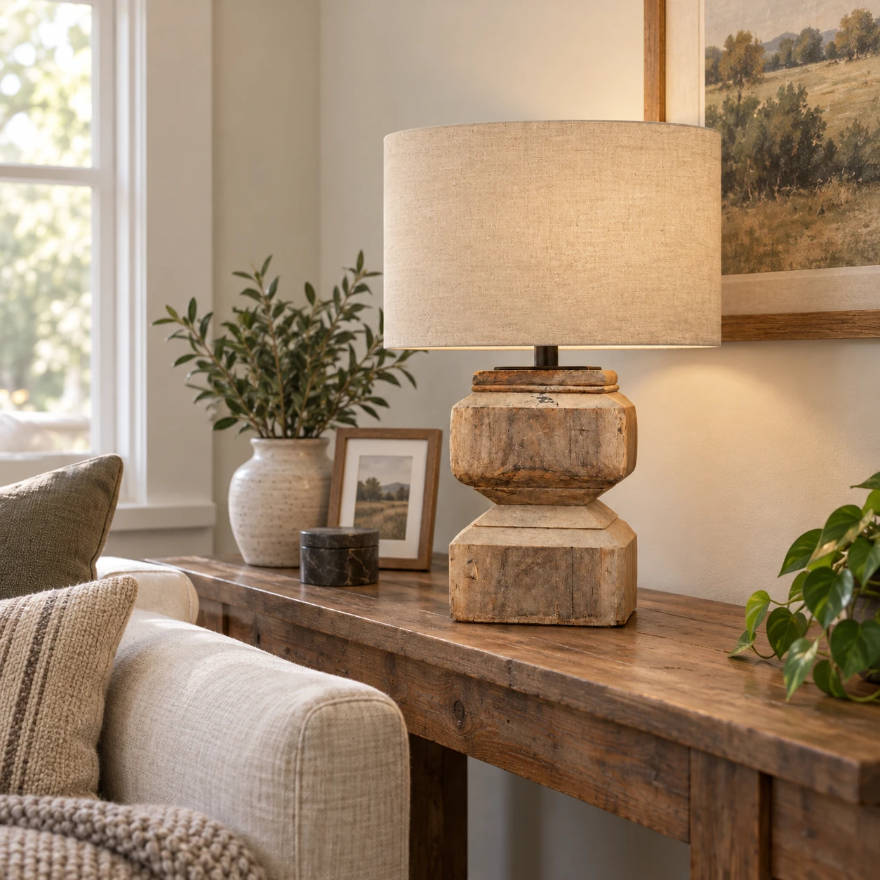 Marlow table lamp on a modest wood console beside a sofa in an ordinary American living room