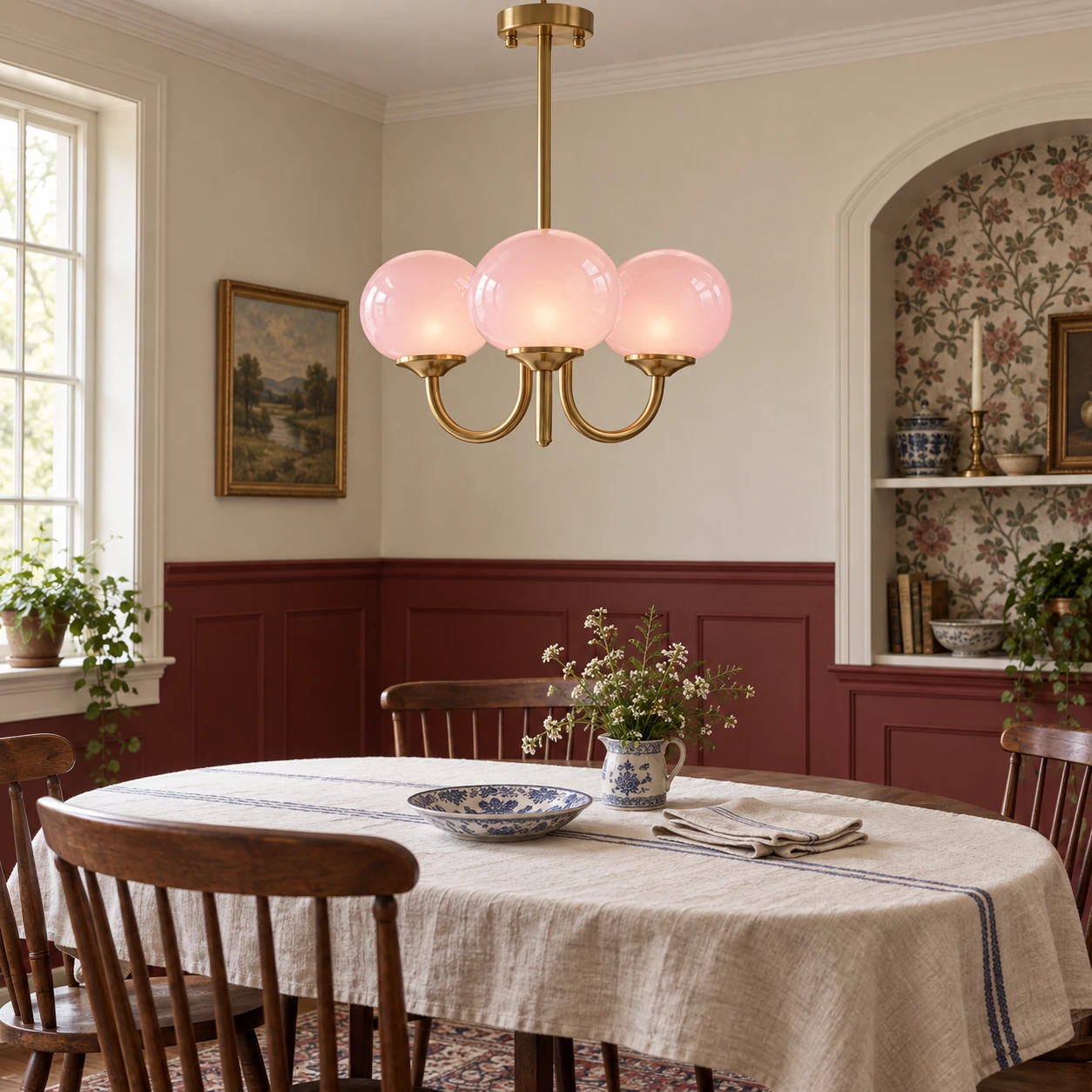 Three-light chandelier above a vintage dining table