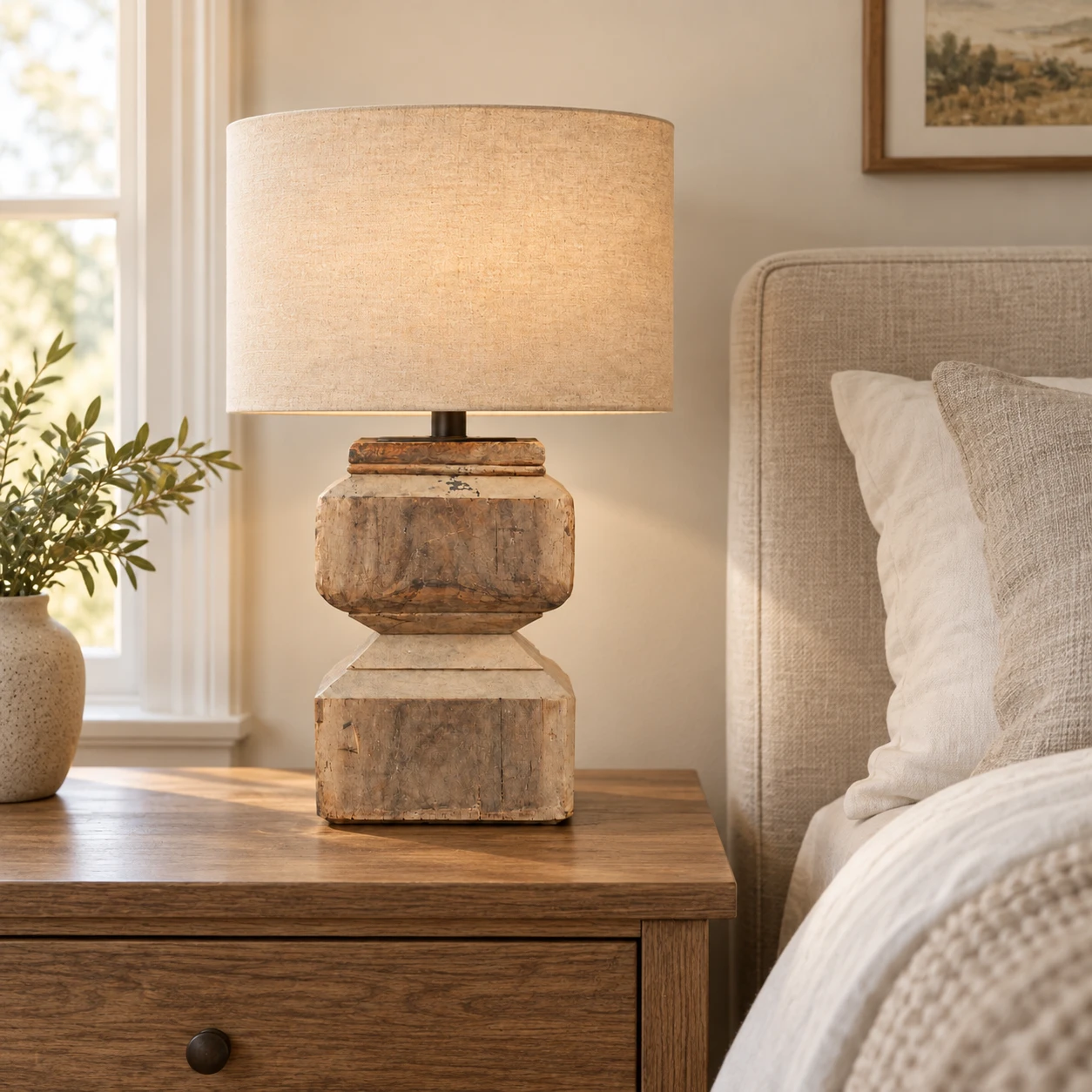 Marlow table lamp on a nightstand beside an upholstered bed in an ordinary American bedroom