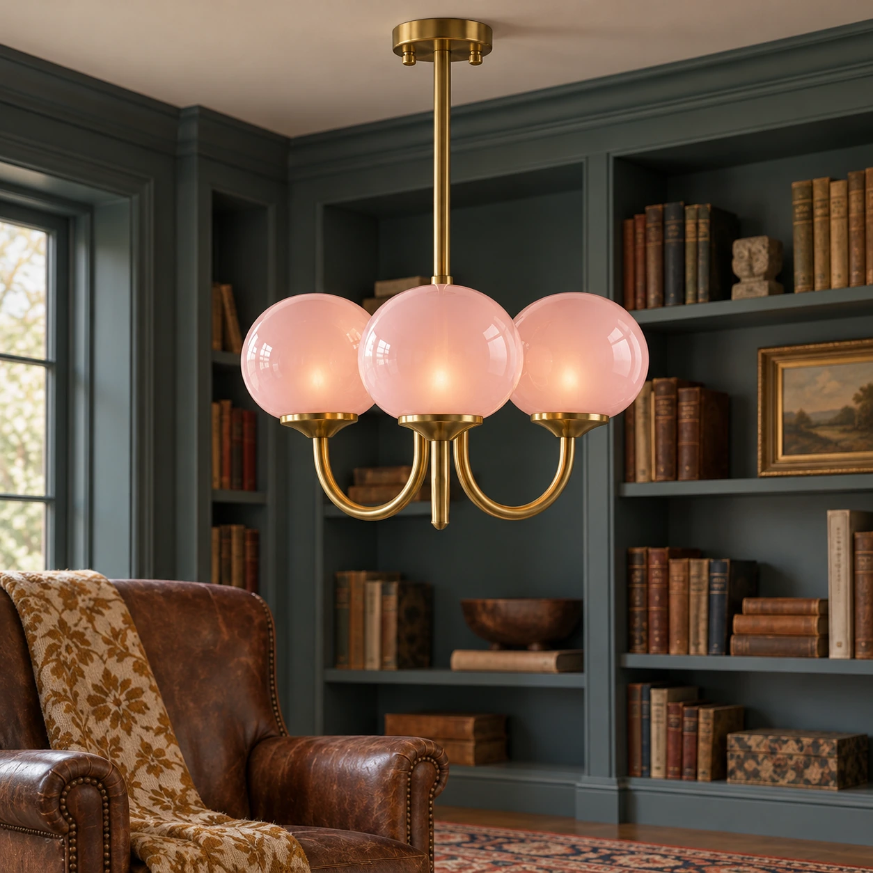 Pink glass chandelier in a reading corner with dark painted shelves