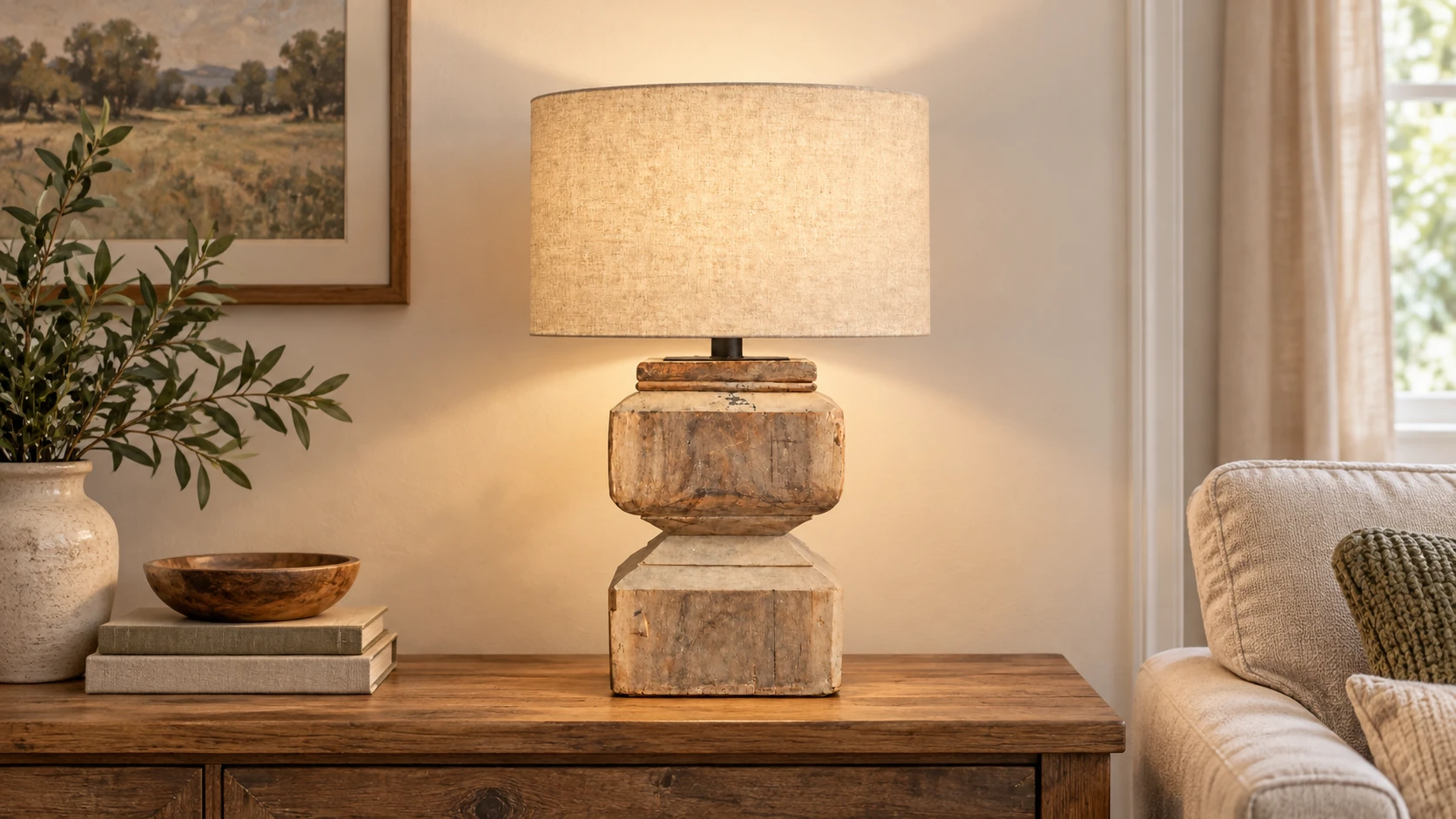 Marlow table lamp centered in an American living room