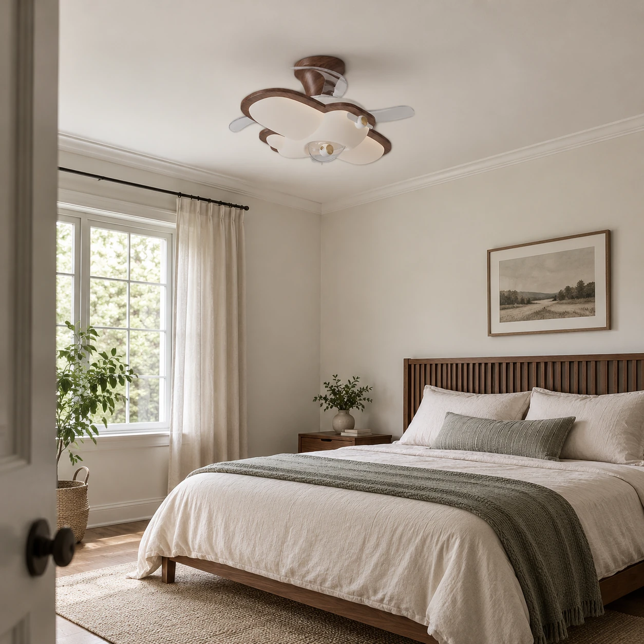 Walnut integrated ceiling fan light in a bedroom at realistic residential scale