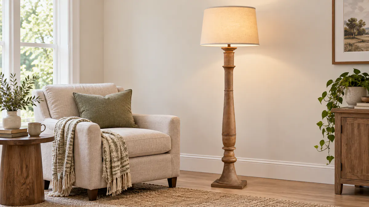 16:9 lifestyle banner of the carved wood floor lamp in a residential living room