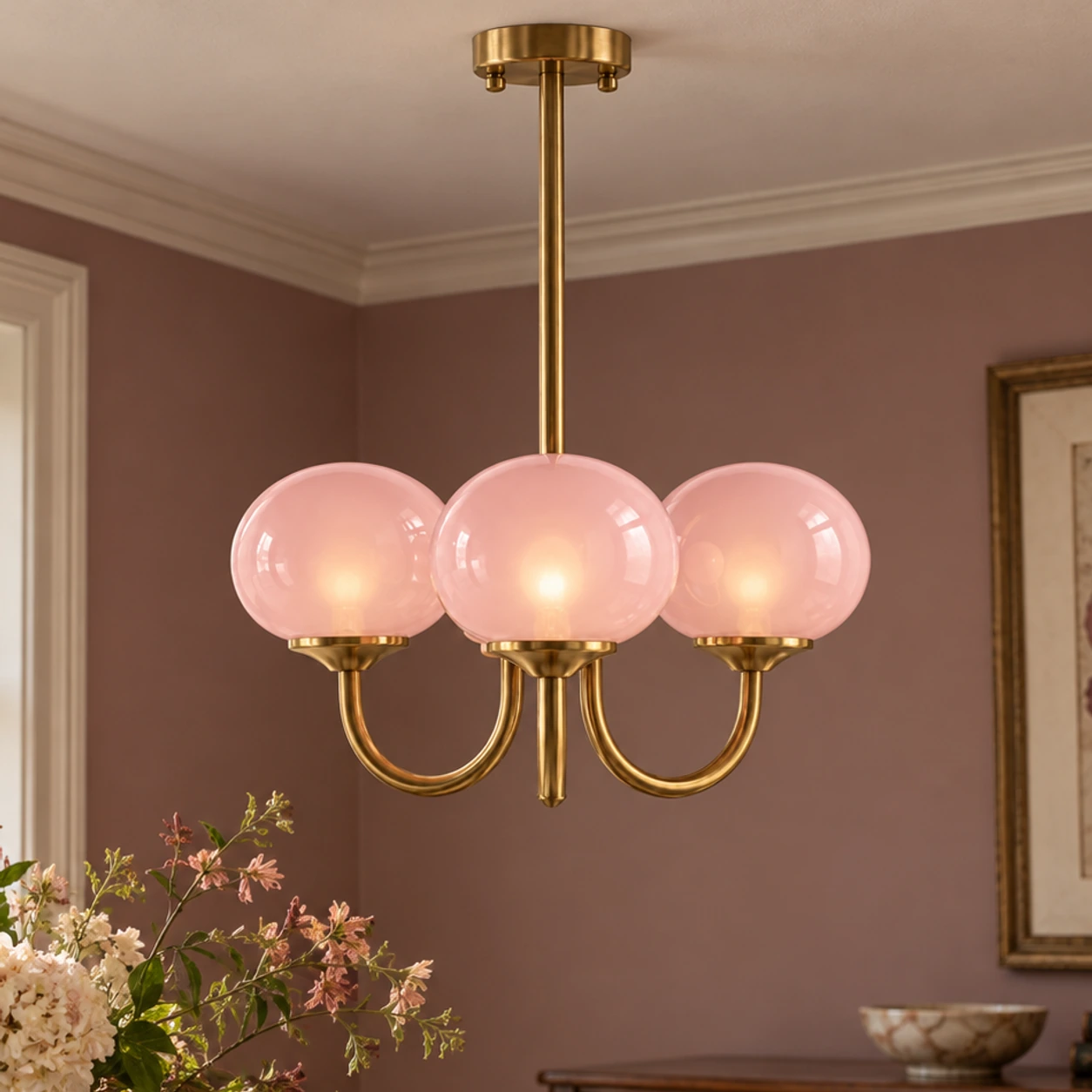 Three pink glass globes on a brass-toned chandelier in a vintage dining space