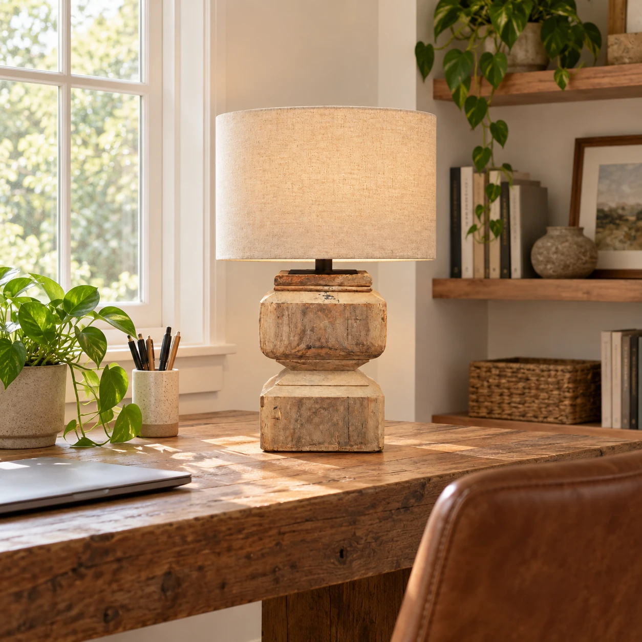 Marlow table lamp on a wood desk in an ordinary American home office