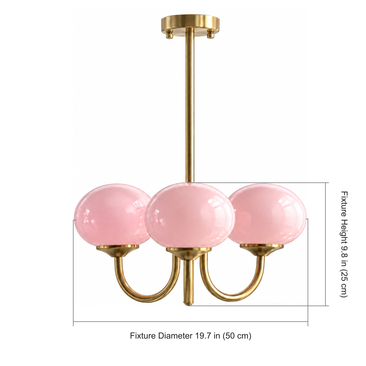 Chandelier body dimension illustration showing a 50-centimeter diameter and 25-centimeter height, excluding the rod