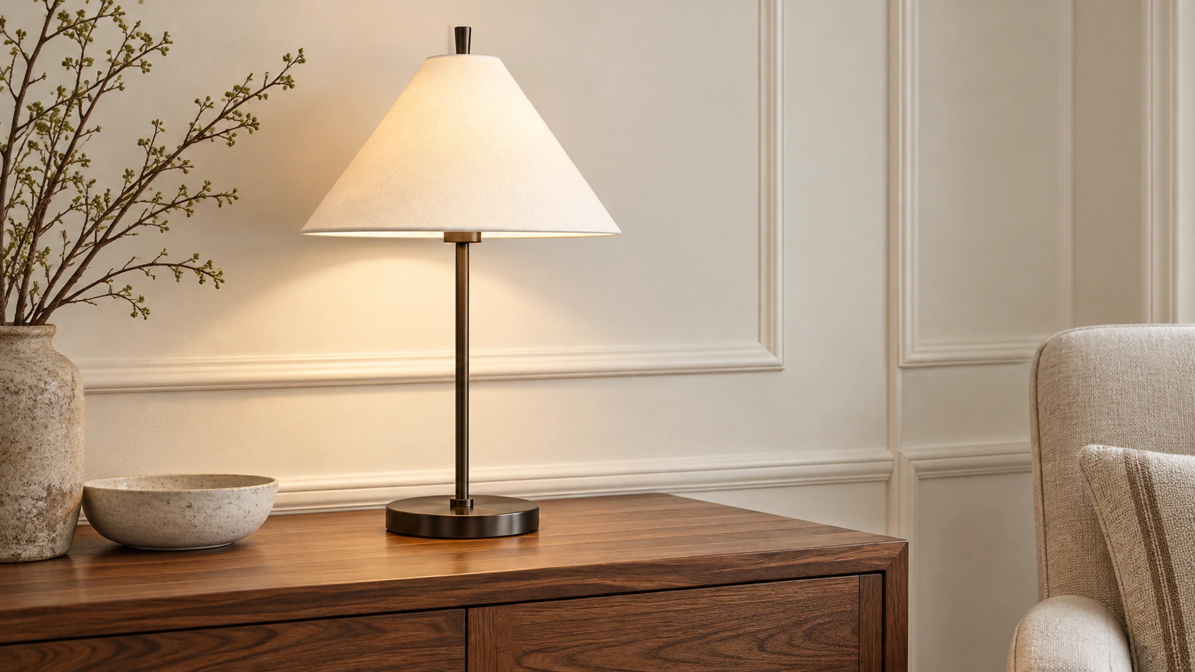 Cone fabric table lamp on a walnut sideboard in a reading nook
