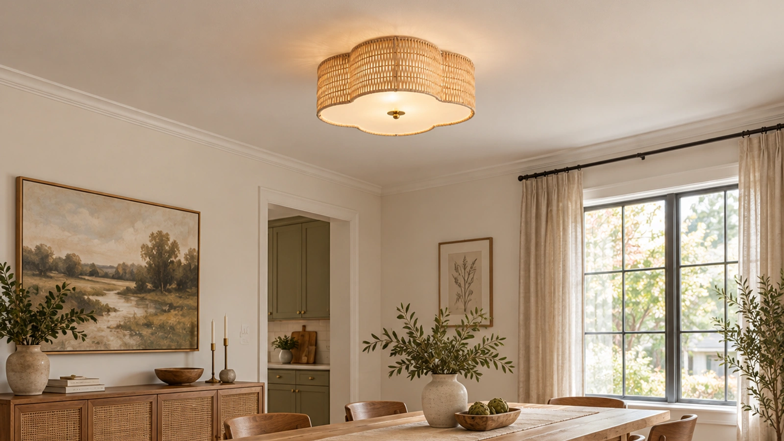 Hand-woven rattan flush mount ceiling light installed above a dining table
