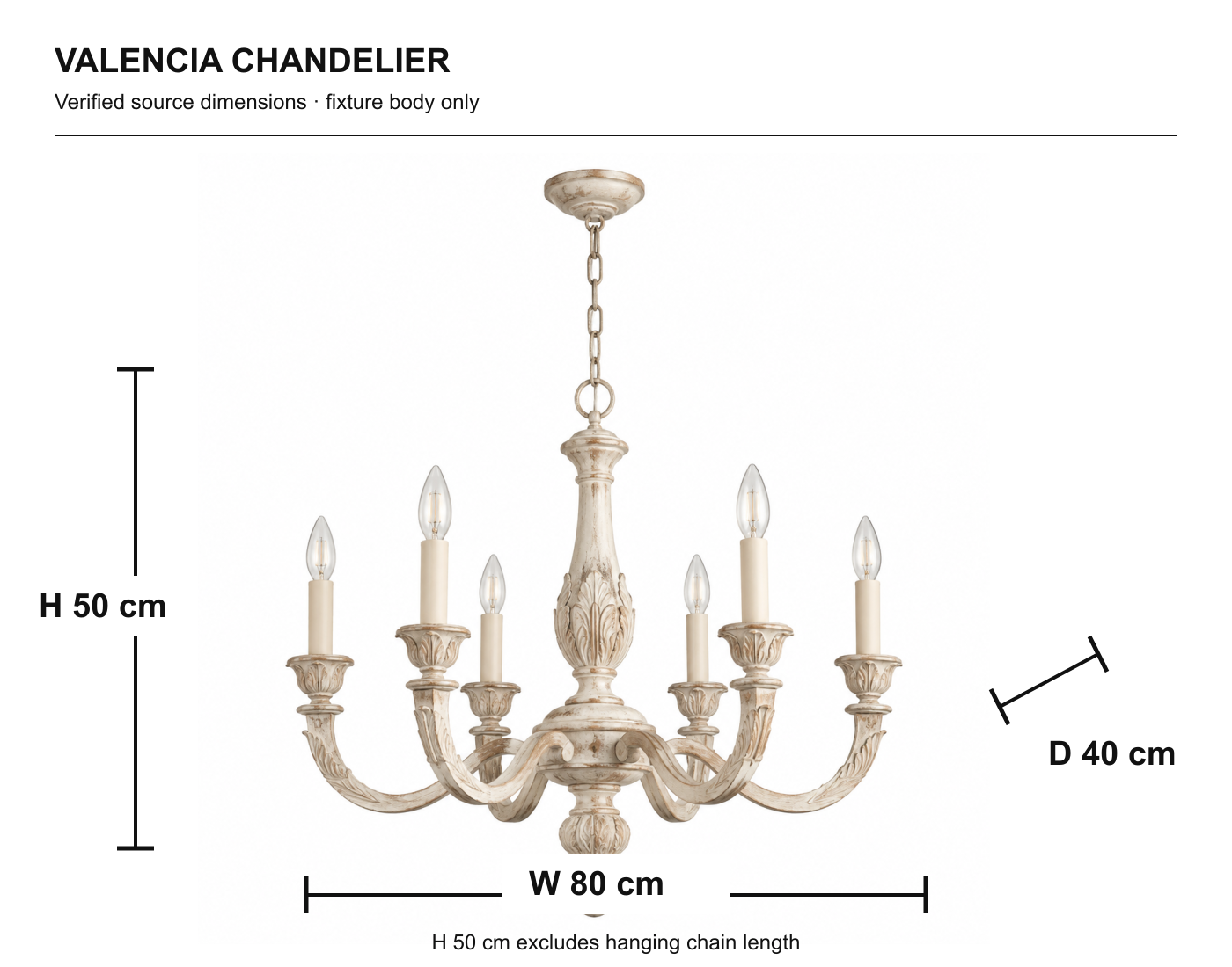 Dimension diagram showing Valencia chandelier W 80 cm, D 40 cm, H 50 cm; height excludes hanging chain length