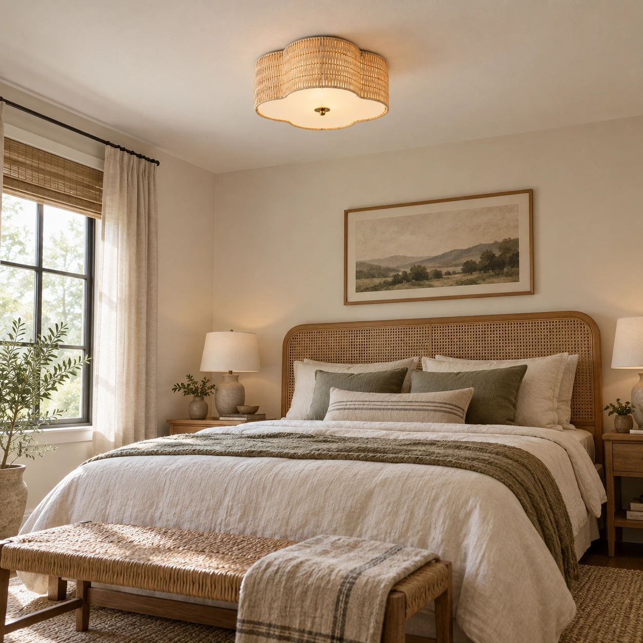 Hand-woven rattan flush mount ceiling light installed above a bedroom