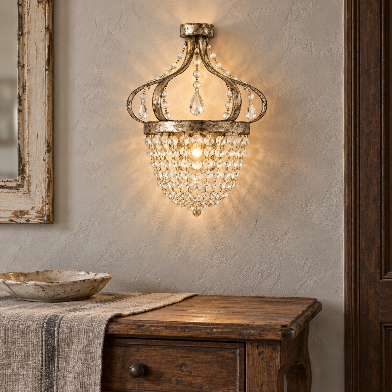 French retro crystal wall lamp in an entry