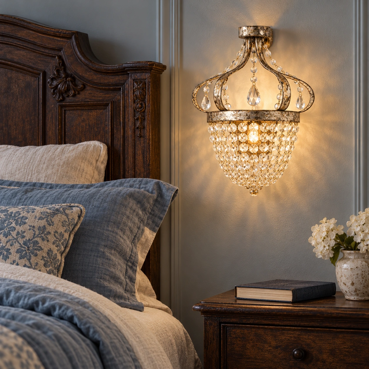 Wall lamp beside a bedroom headboard