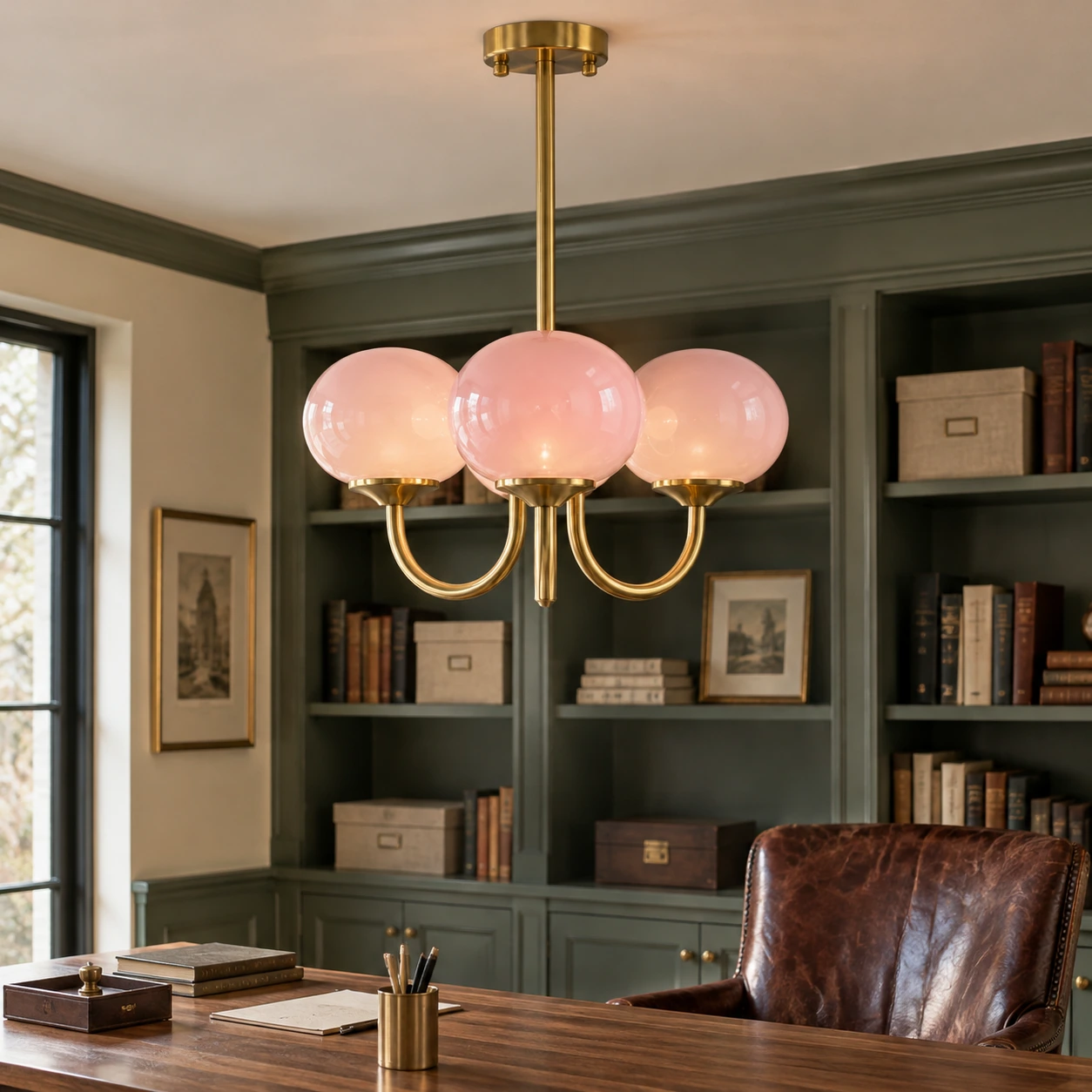Three-light pink glass chandelier in a home office with dark painted bookcases