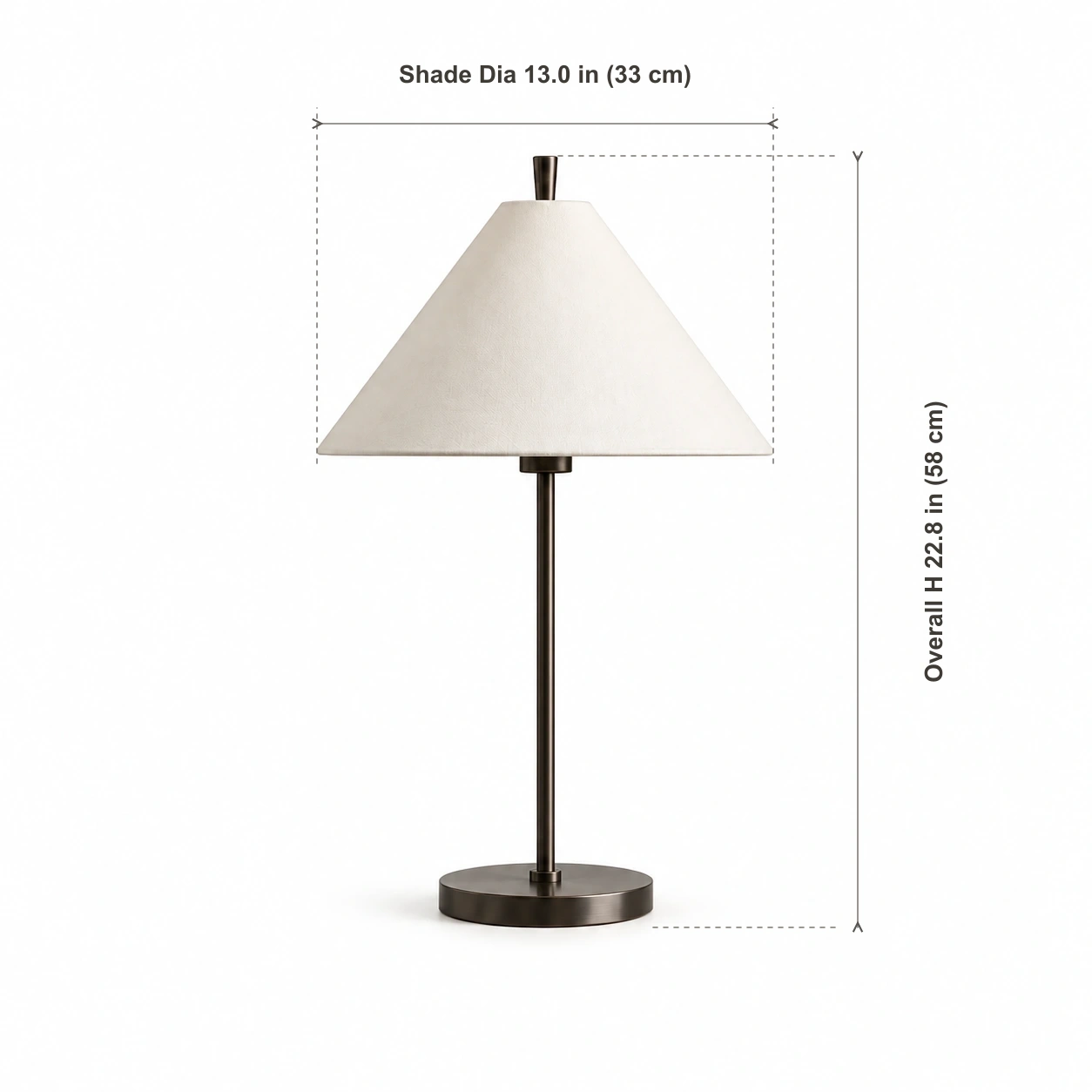 Small table lamp dimensions: shade diameter 33 cm, overall height 58 cm