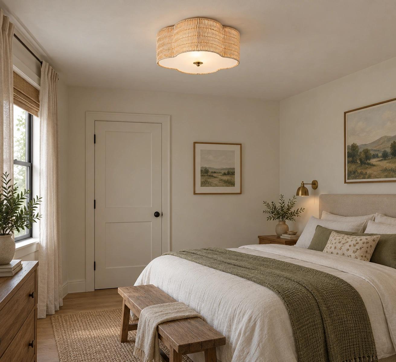 Hand-woven rattan flush mount ceiling light installed in a bedroom wide view
