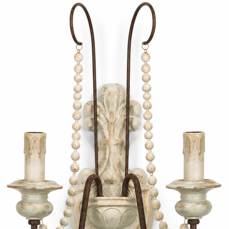 Close detail of the Vintage White bead chain, iron arm, and teardrop finial