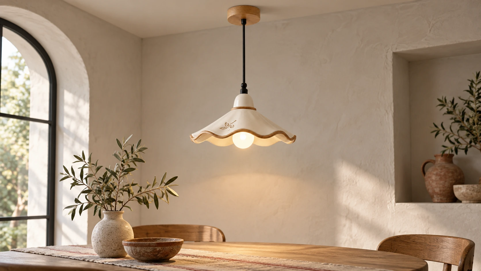 Eliseo French Vintage Scalloped Ceramic and White Ash Wood Pendant Light over a quiet dining corner