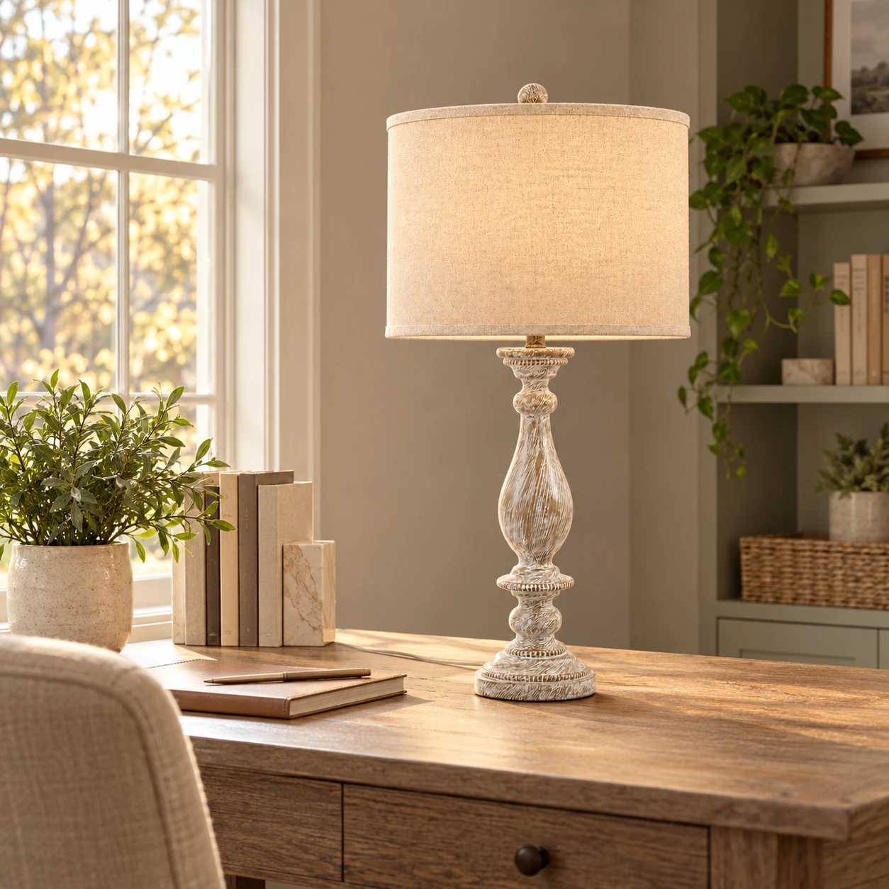Camille table lamp on a practical writing desk in an ordinary American home office