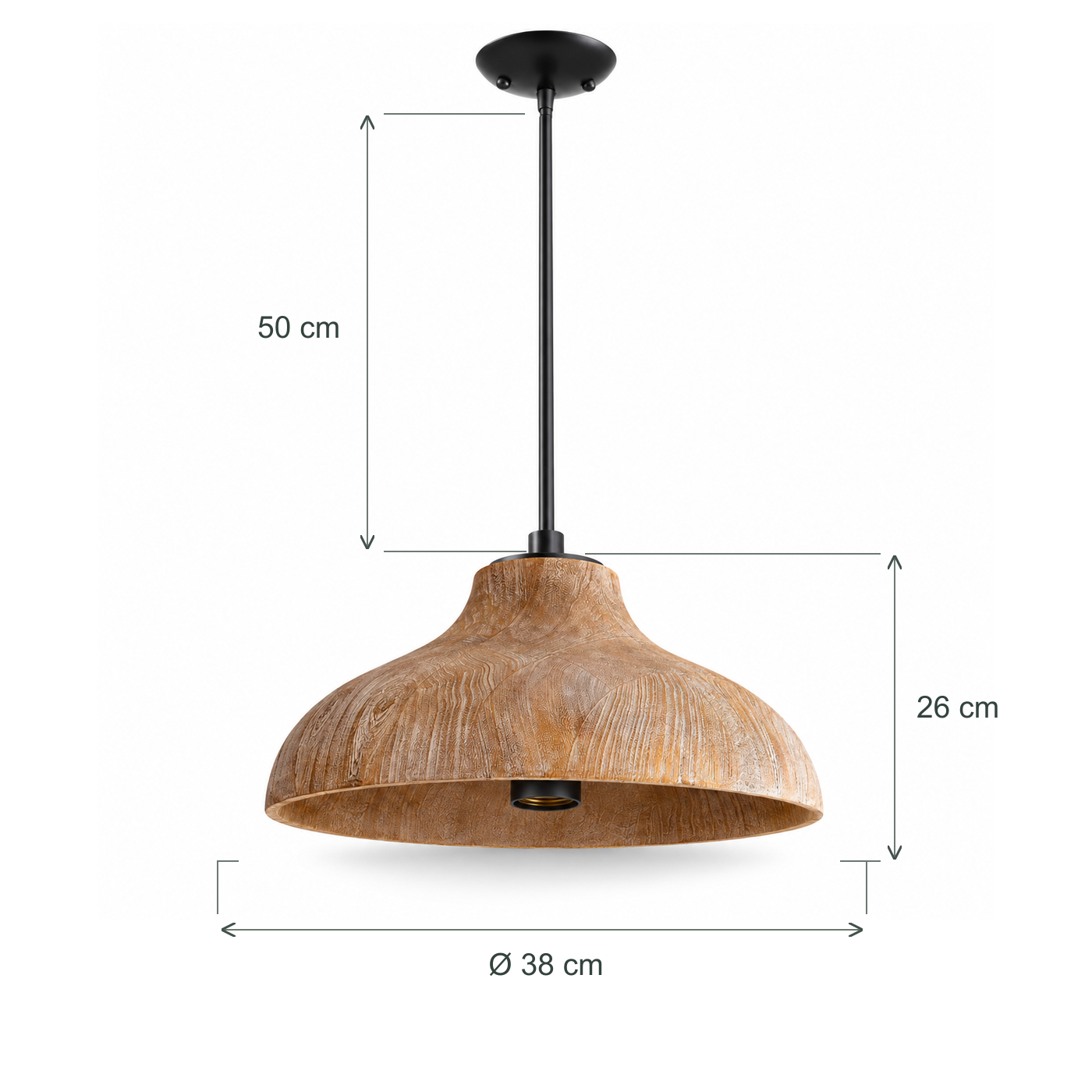 Pendant light dimensions: 38 cm diameter, 26 cm body height and 50 cm suspension