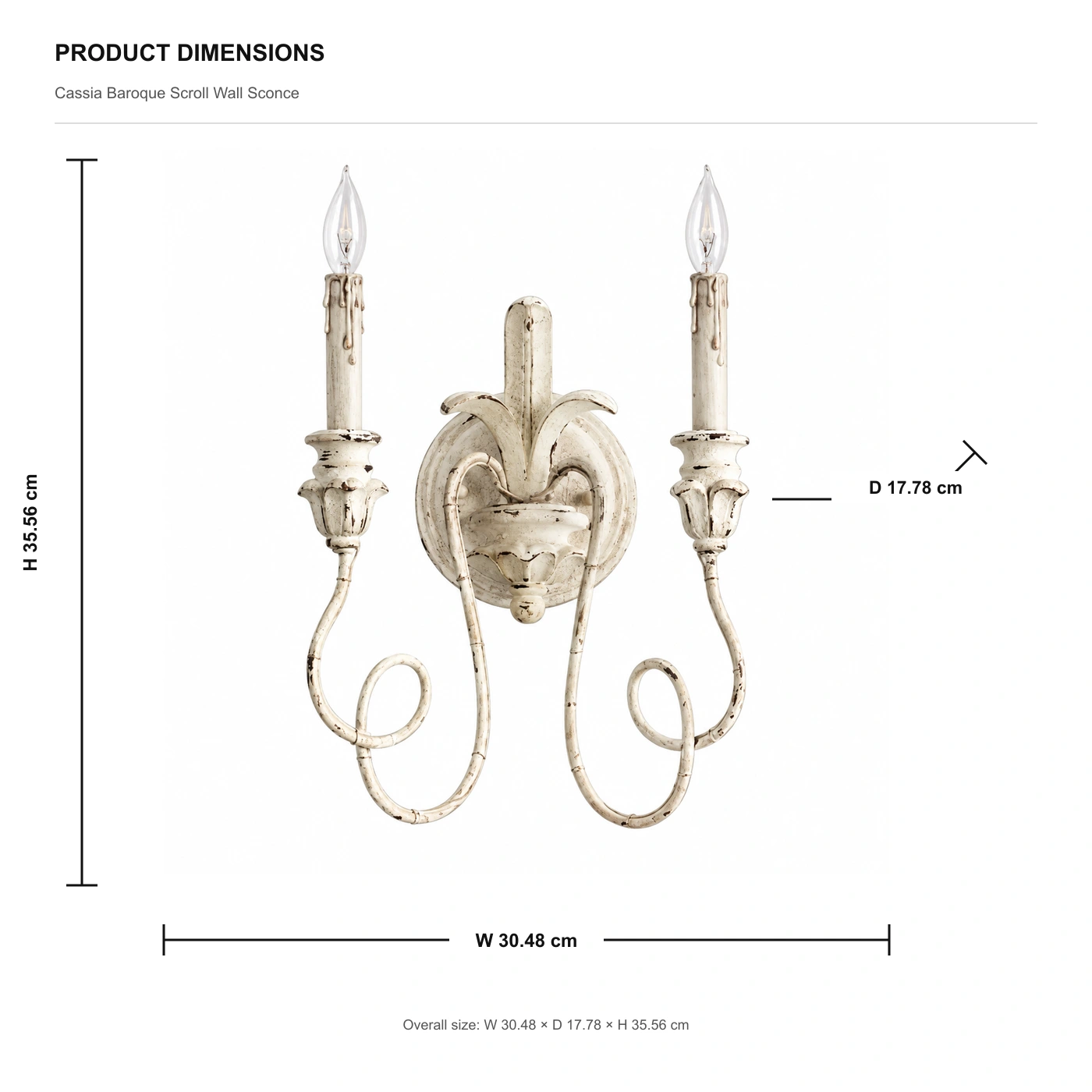 Cassia wall sconce dimensions: 35.56 cm high, 30.48 cm wide and 17.78 cm deep