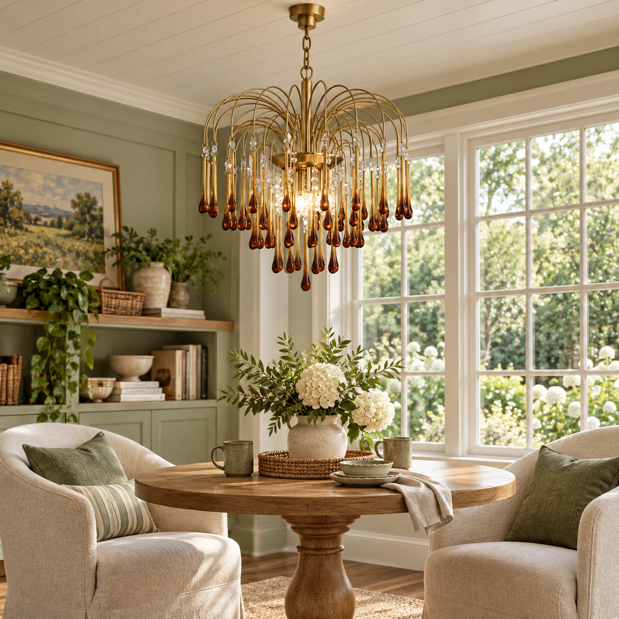 Amber glass chandelier in an American sunroom sitting area