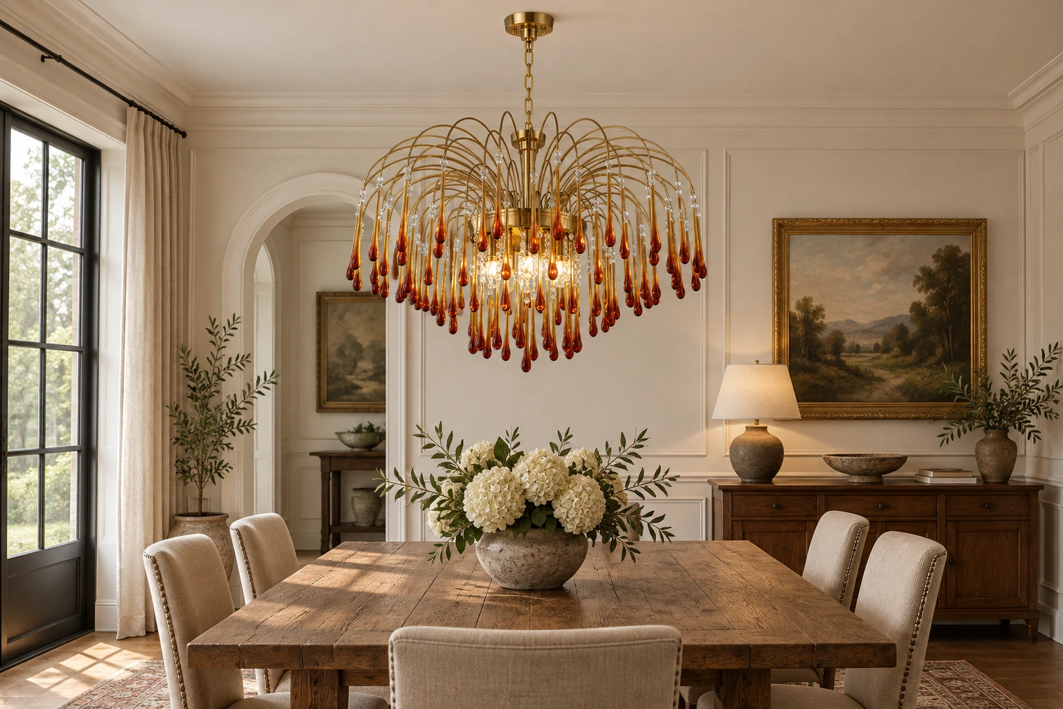 Amber glass teardrop chandelier in an American dining room