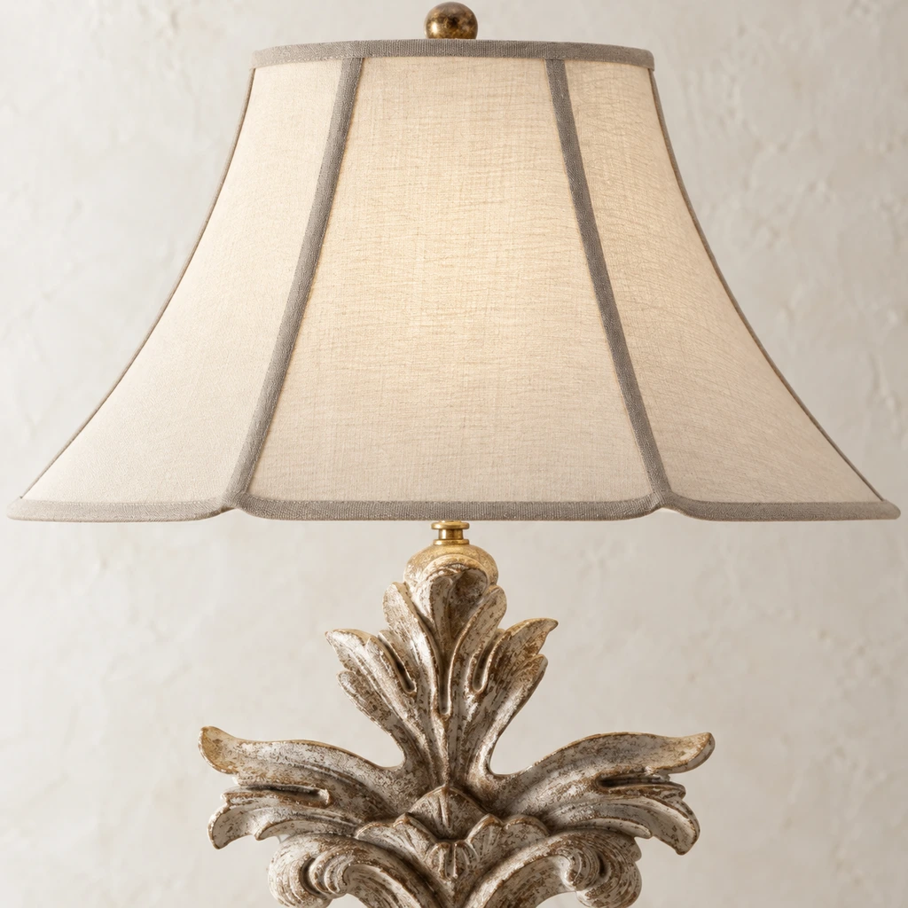 Close detail of the ivory fabric shade, trim and shade-to-frame transition