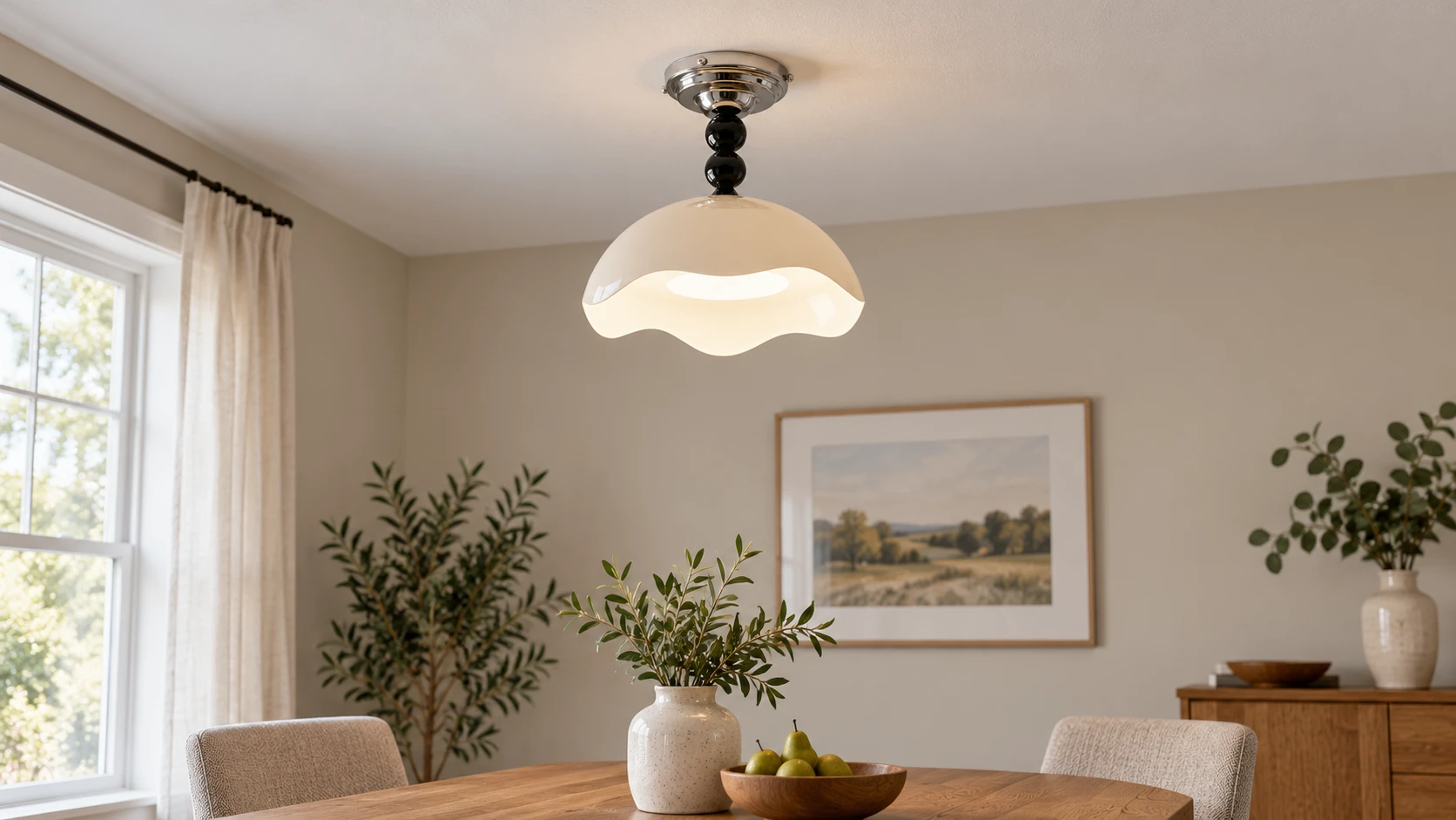 Cream scalloped acrylic and metal flush mount ceiling light in an everyday American dining room