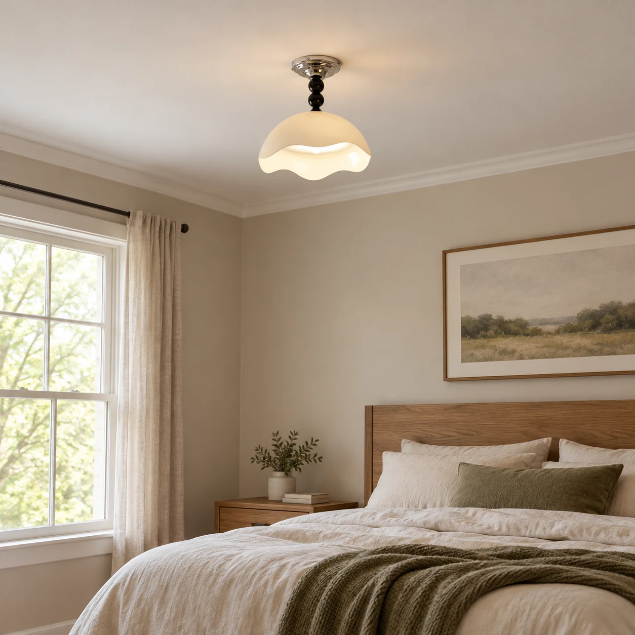 Cream scalloped ceiling light in a family bedroom