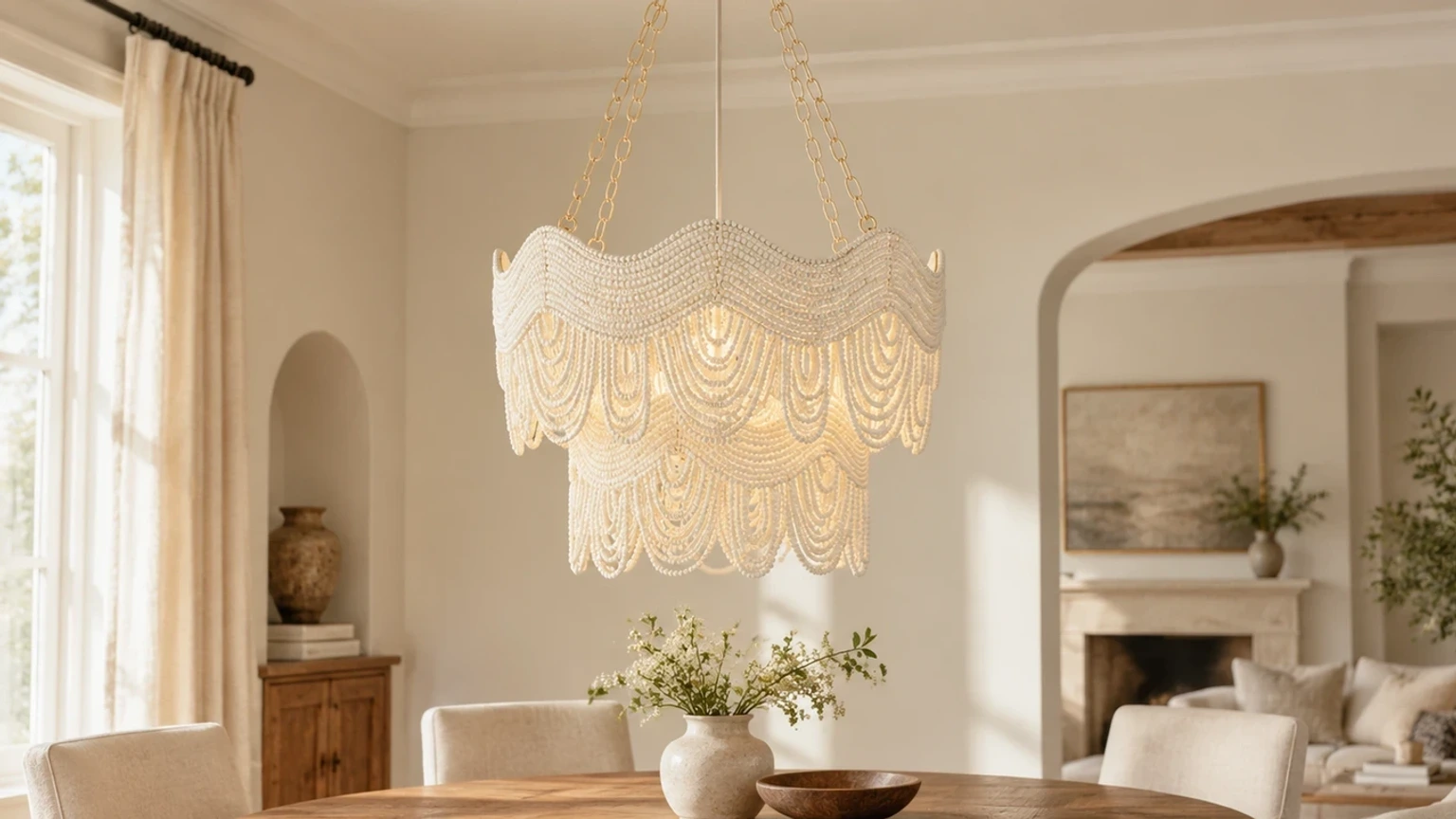Clara Vintage Minimal Wood and Metal Pendant Light in a bright interior
