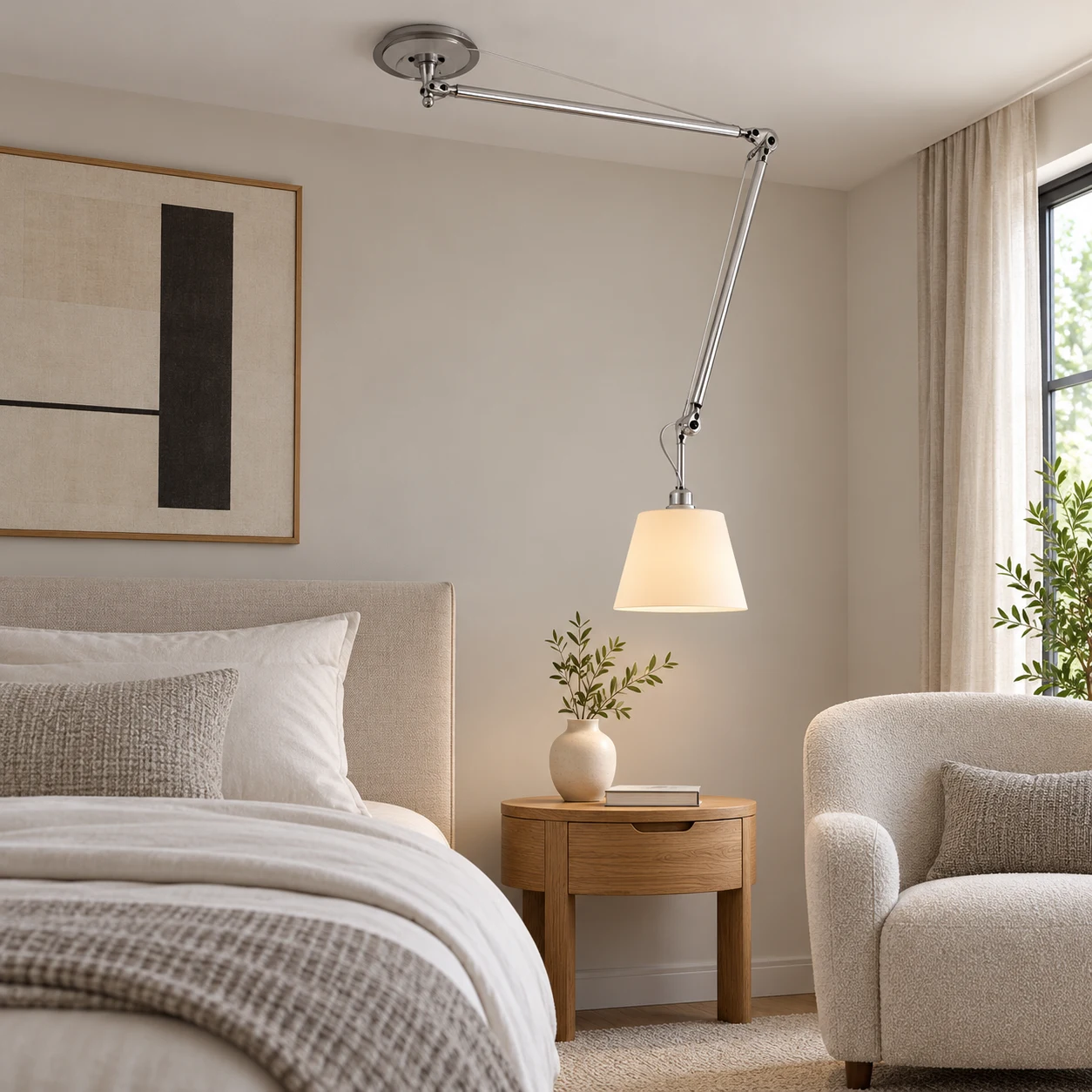 Swing arm pendant light beside a bedroom reading chair and bedside table