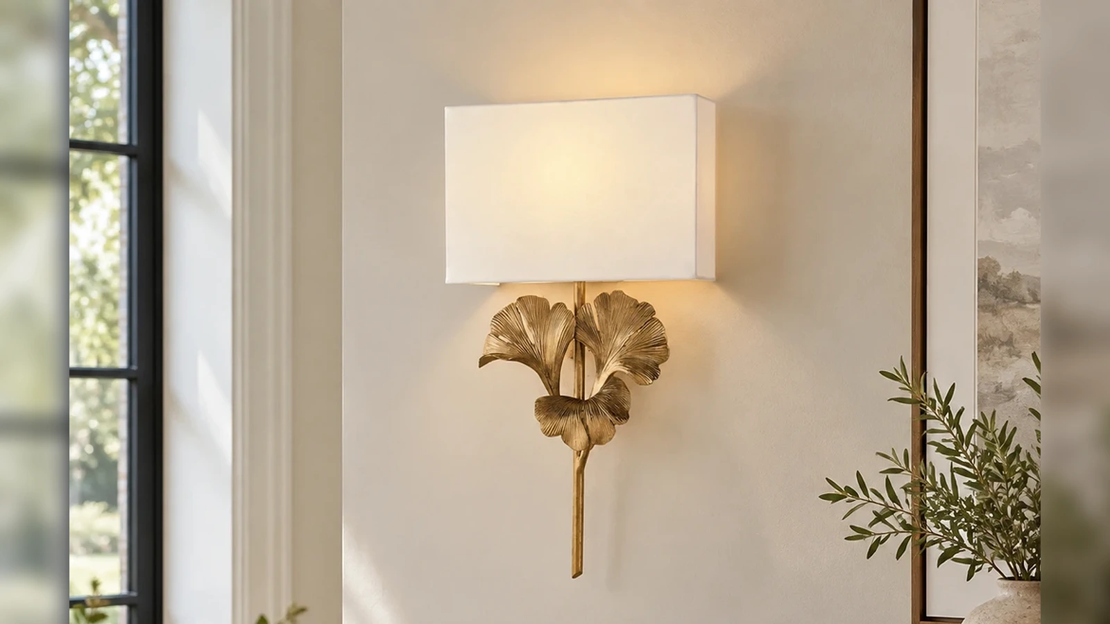 Gold ginkgo leaf wall sconce with white shade installed on a pale plaster wall