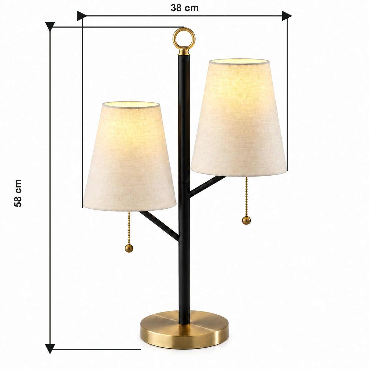 Twin-shade table lamp dimensions: overall width 38 cm and overall height 58 cm