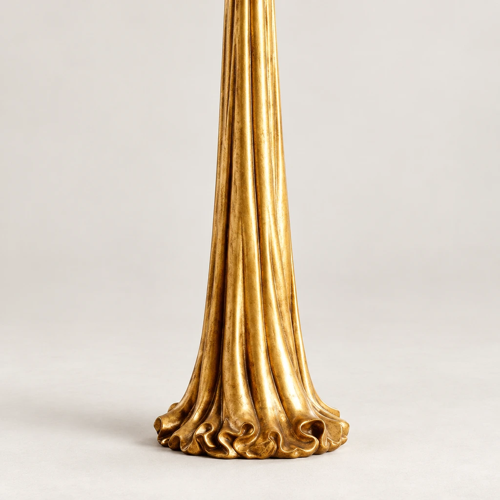 Close detail of the floor lamp fluted antiqued-gold pedestal and gathered foot