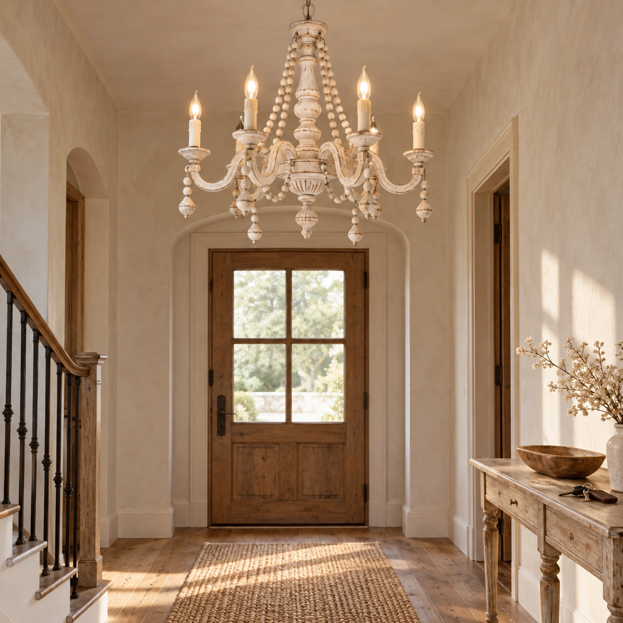Chandelier in a lived-in entry hall